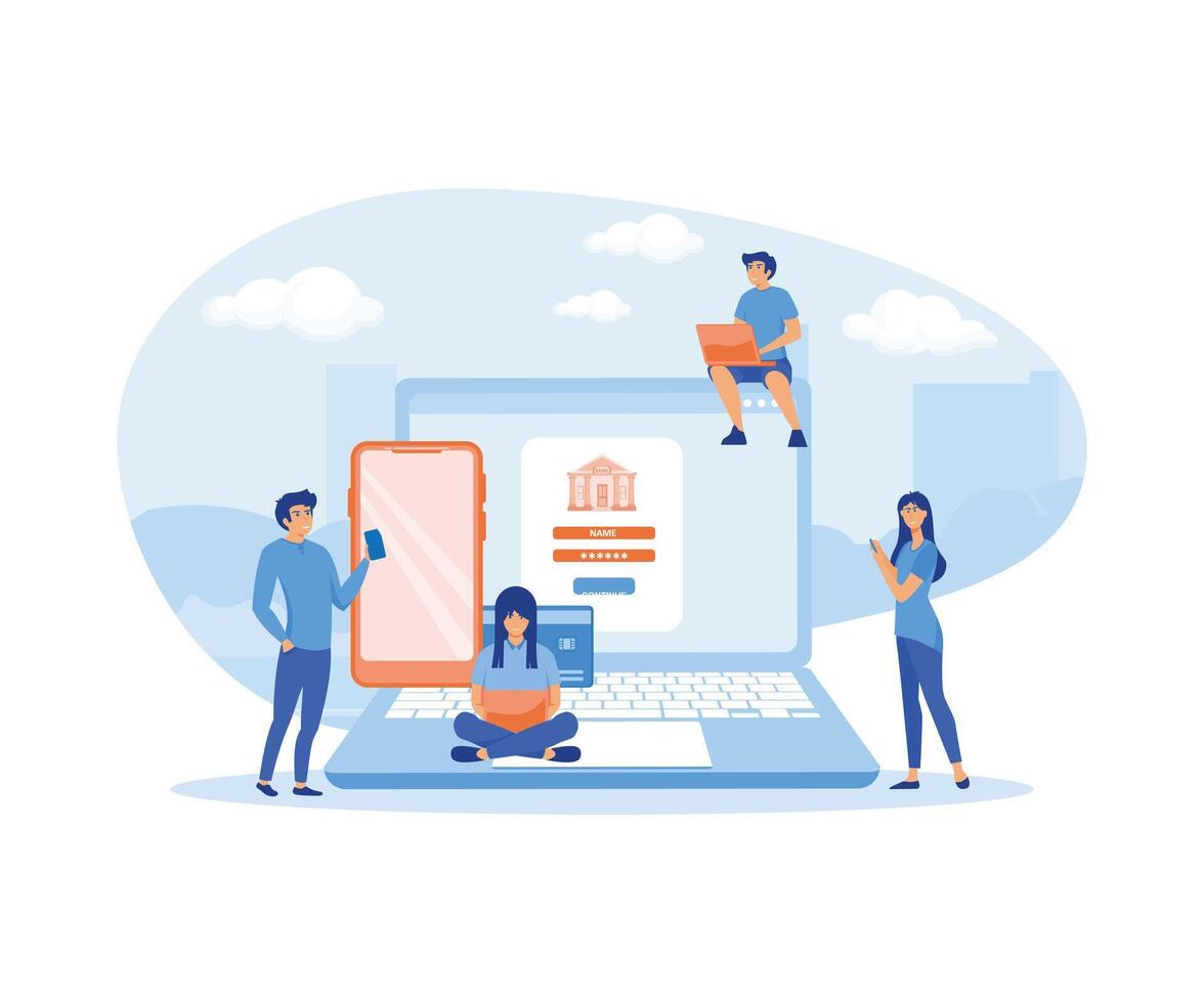 Internet Banking concept. People using laptop and mobile smart phone for online banking and accounting. flat vector modern illustration