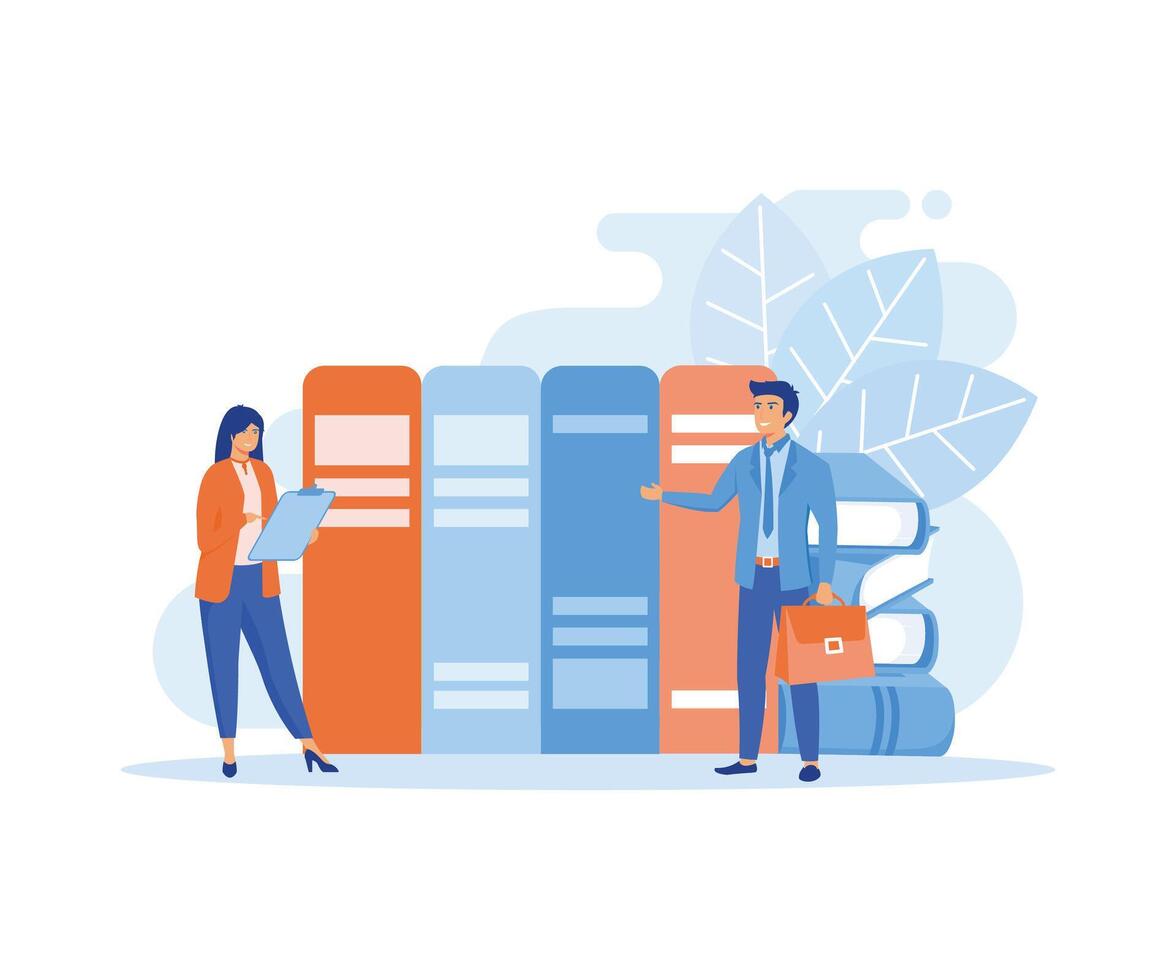 Business people on backdrop of huge files of documents and accounting books. Business process, documents work flow and accounting. flat vector modern illustration