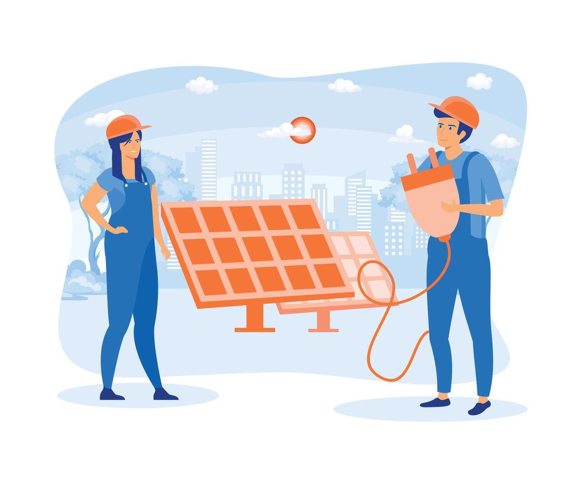 alternativa energía fuente con solar paneles, solar panel poder y ingeniero personaje. verde y ambientalmente simpático energía. plano vector moderno ilustración