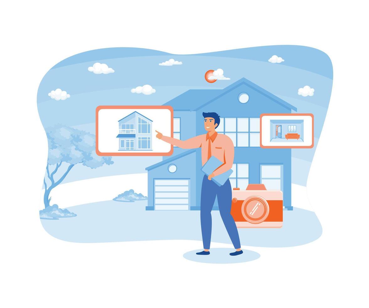 Man doing real estate floor plan, house photography. flat vector modern illustration