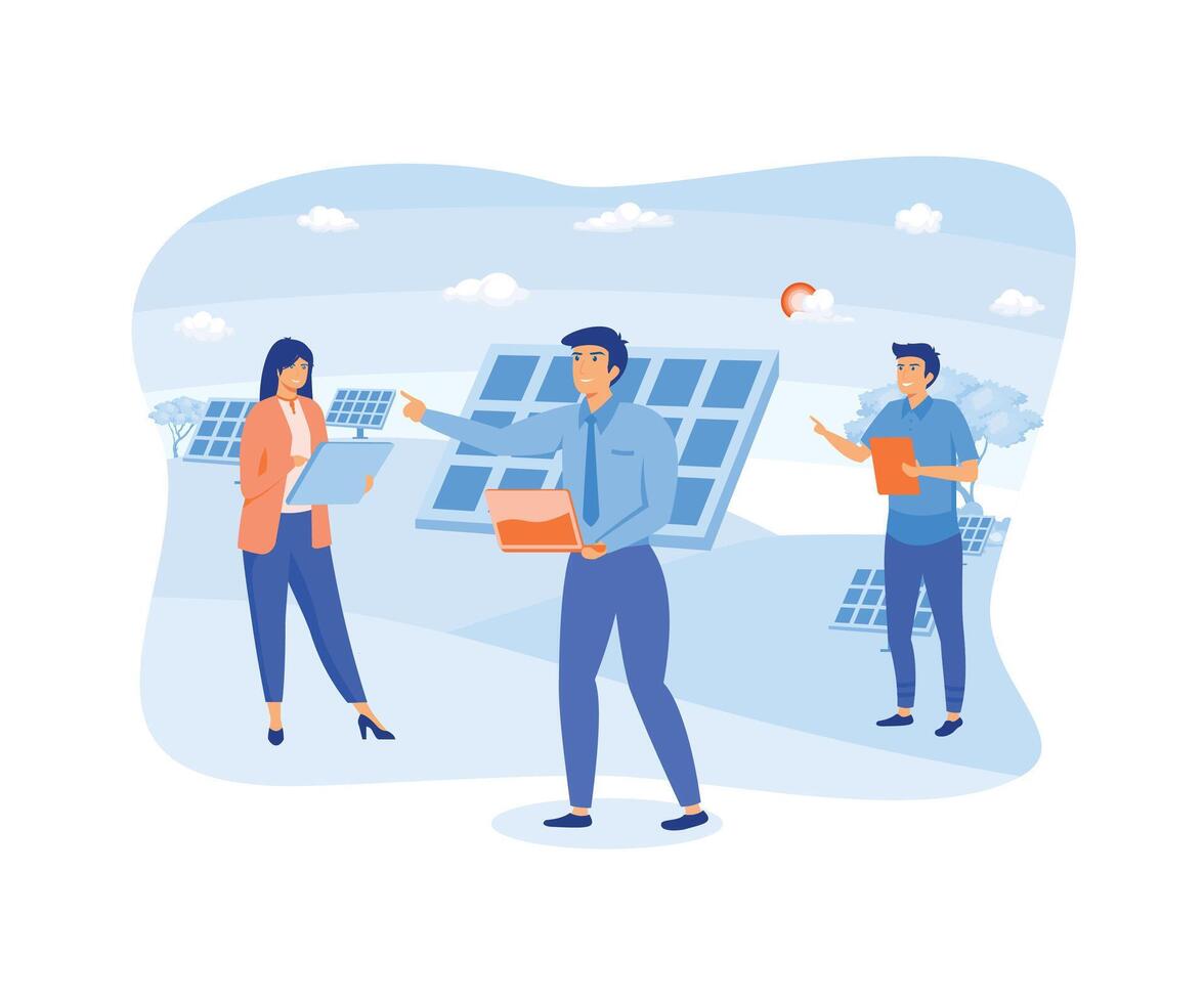 Solar energy panel system concept. Installation of solar modules. Field service technicians, engineers, managers and architects. flat vector modern illustration