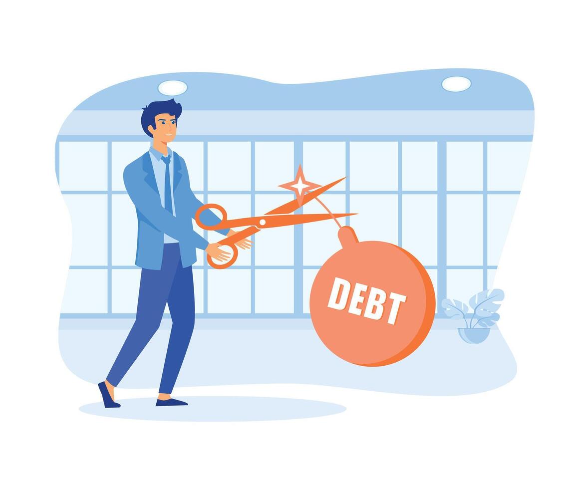 Businessman holding scissors to cut debt bomb. flat vector modern illustration