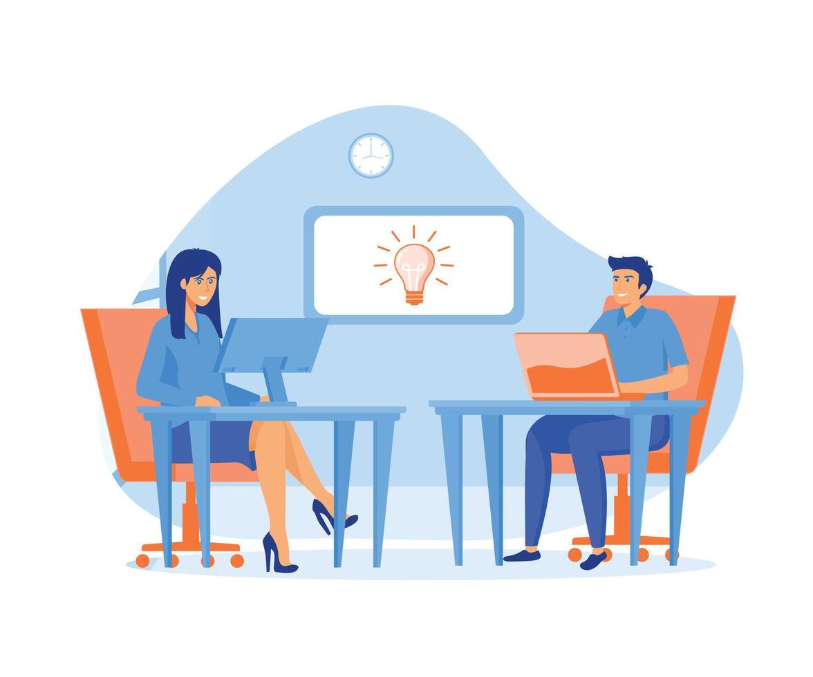 Online assistant at work. Manager at remote work, searching for new ideas solutions, working together in the company, brainstorming.  flat vector modern illustration
