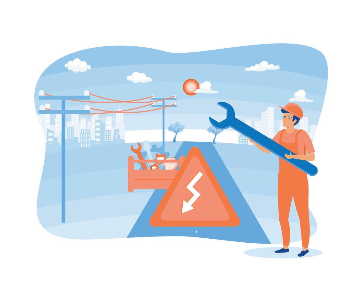 Home maintenance and repair metaphor. a man is repairing electricity on the side of the highway. flat vector modern illustration