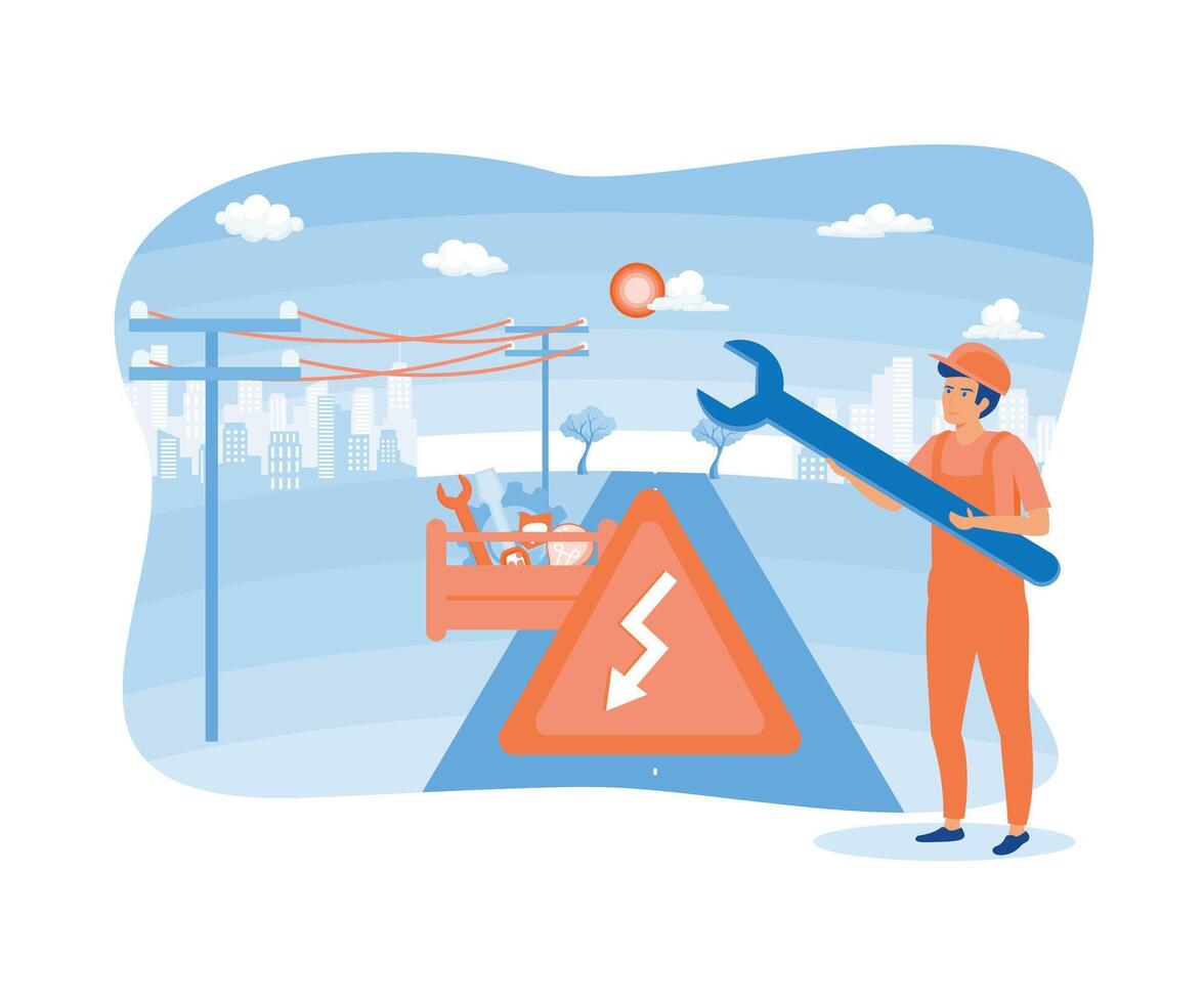 hogar mantenimiento y reparar metáfora. un hombre es reparando electricidad en el lado de el carretera. plano vector moderno ilustración