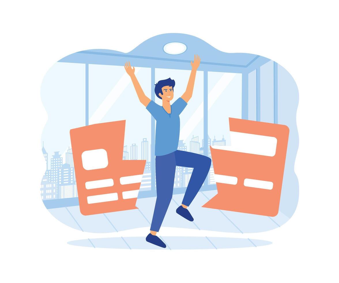 Trap of credit card debt. young man happy after paying off credit card debt. flat vector modern illustration