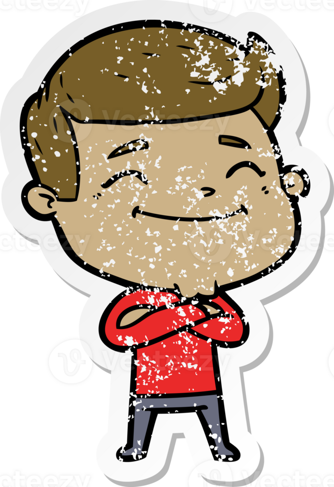 distressed sticker of a happy cartoon man png
