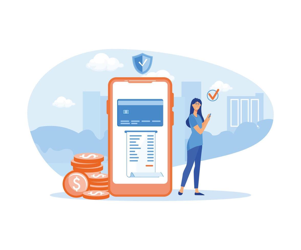 Man pays with mobile phone successfully and safely. Online mobile payment and banking service.  flat vector modern illustration
