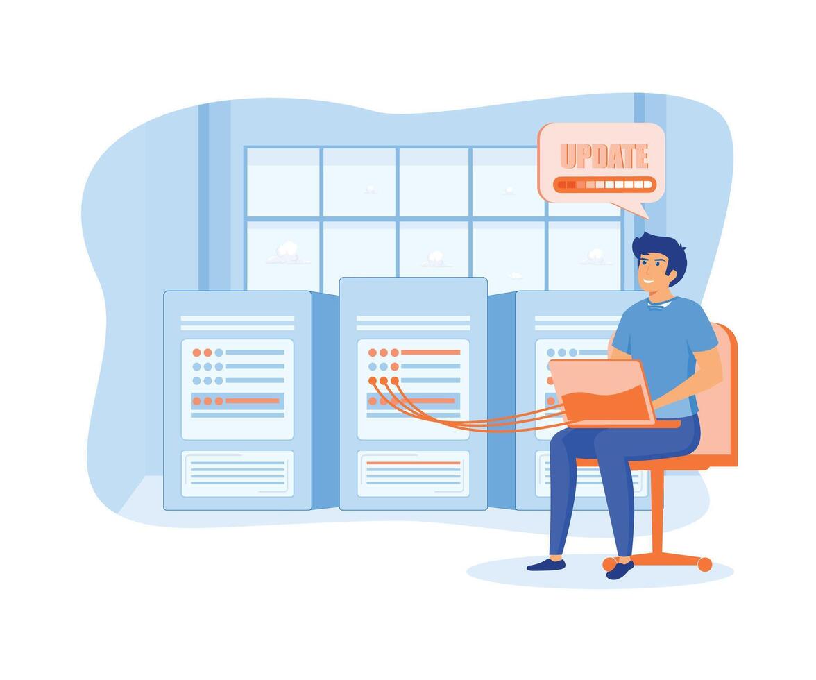 Server maintenance  concept. Man working at server rack hardware room, updates and optimization computer systems. flat vector modern illustration