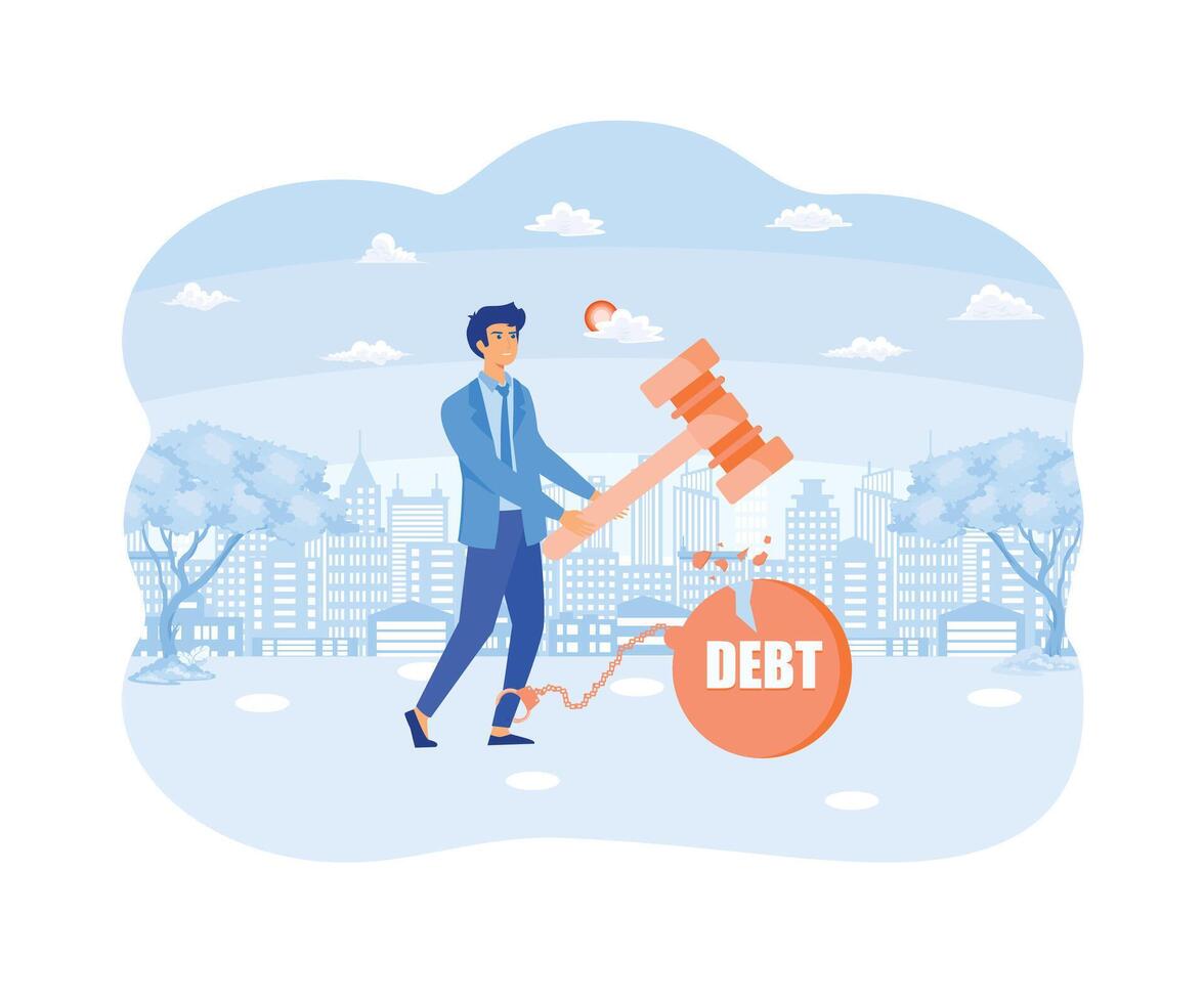 Businessman trying to destroy iron ball with debt word that chained his feet with hammer. flat vector modern illustration