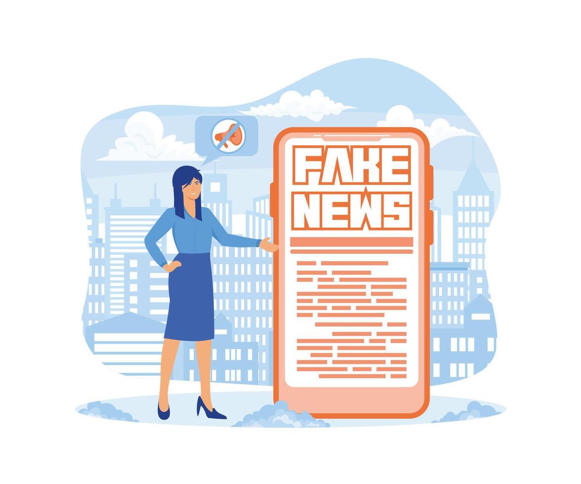 falso Noticias metáforas. minúsculo niña leer Noticias con móvil aplicación masa medios de comunicación, caliente en línea información, propaganda telediario. plano vector moderno ilustración