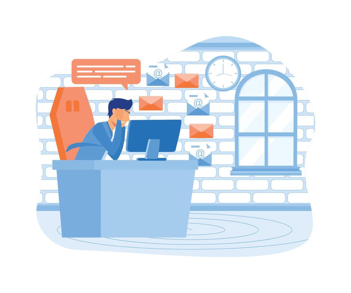 Information overload. Stressed person in info flood, reading multiple internet media, news and lot of online messages.  flat vector modern illustration