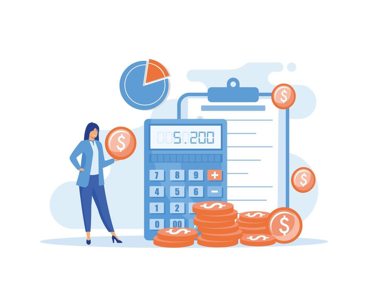 Woman with calculator counting, thinking about profit. Economic audit, financial analysis, tax accounting, bill payment. flat vector modern illustration