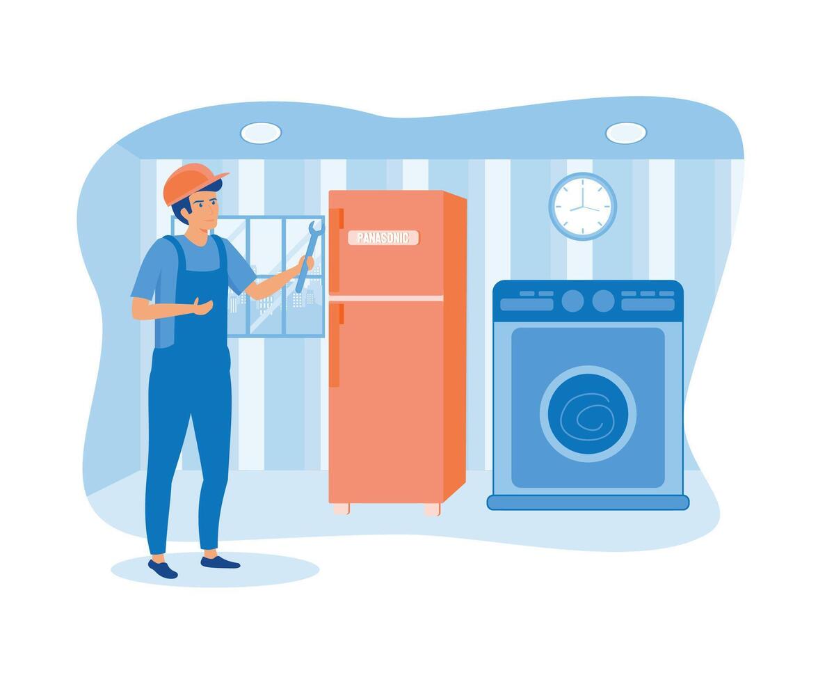 Home appliance repair technician service with washing machine, refrigerator elements.  flat vector modern illustration