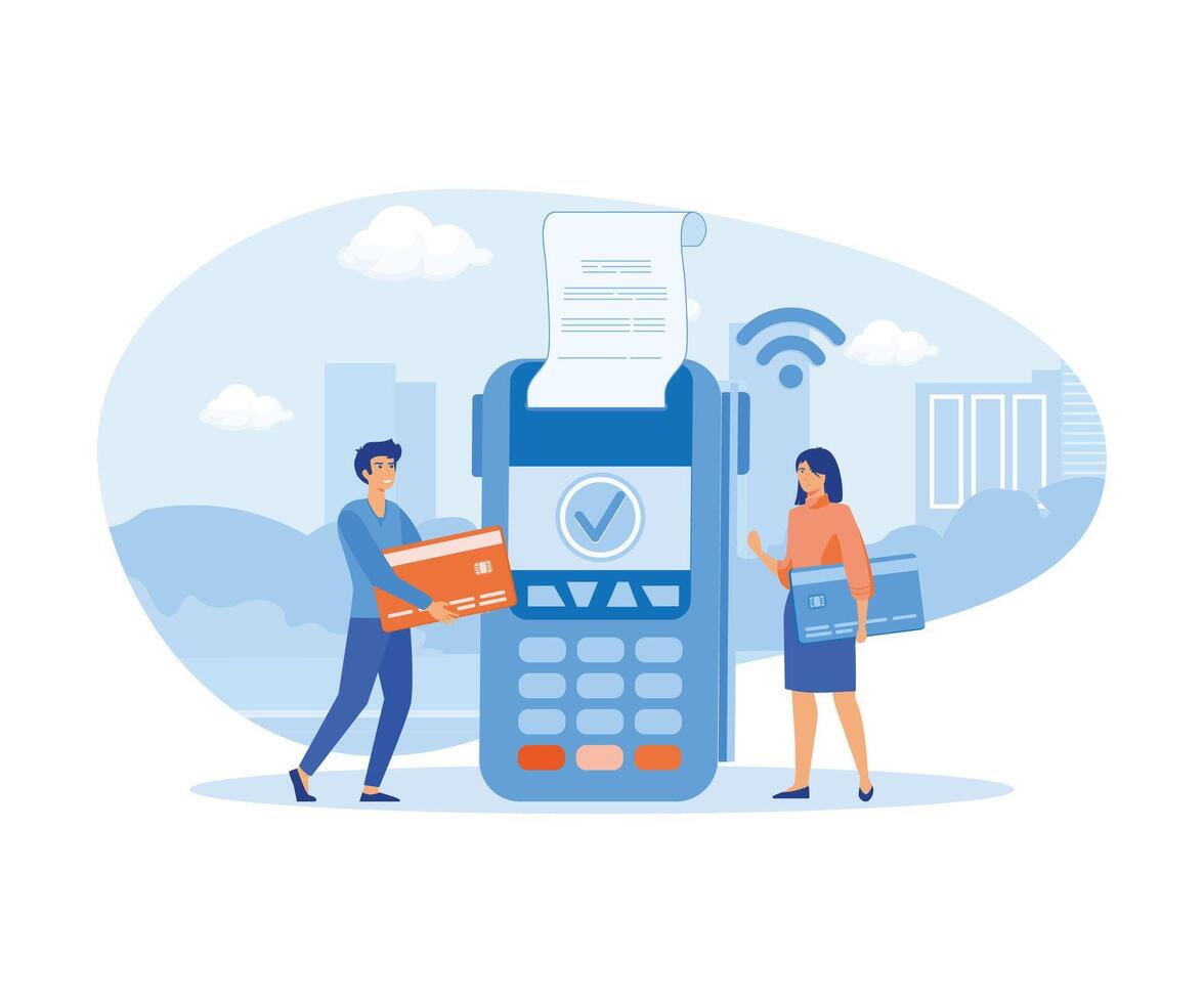 Payment methods concept. People paying with credit card.  flat vector modern illustration