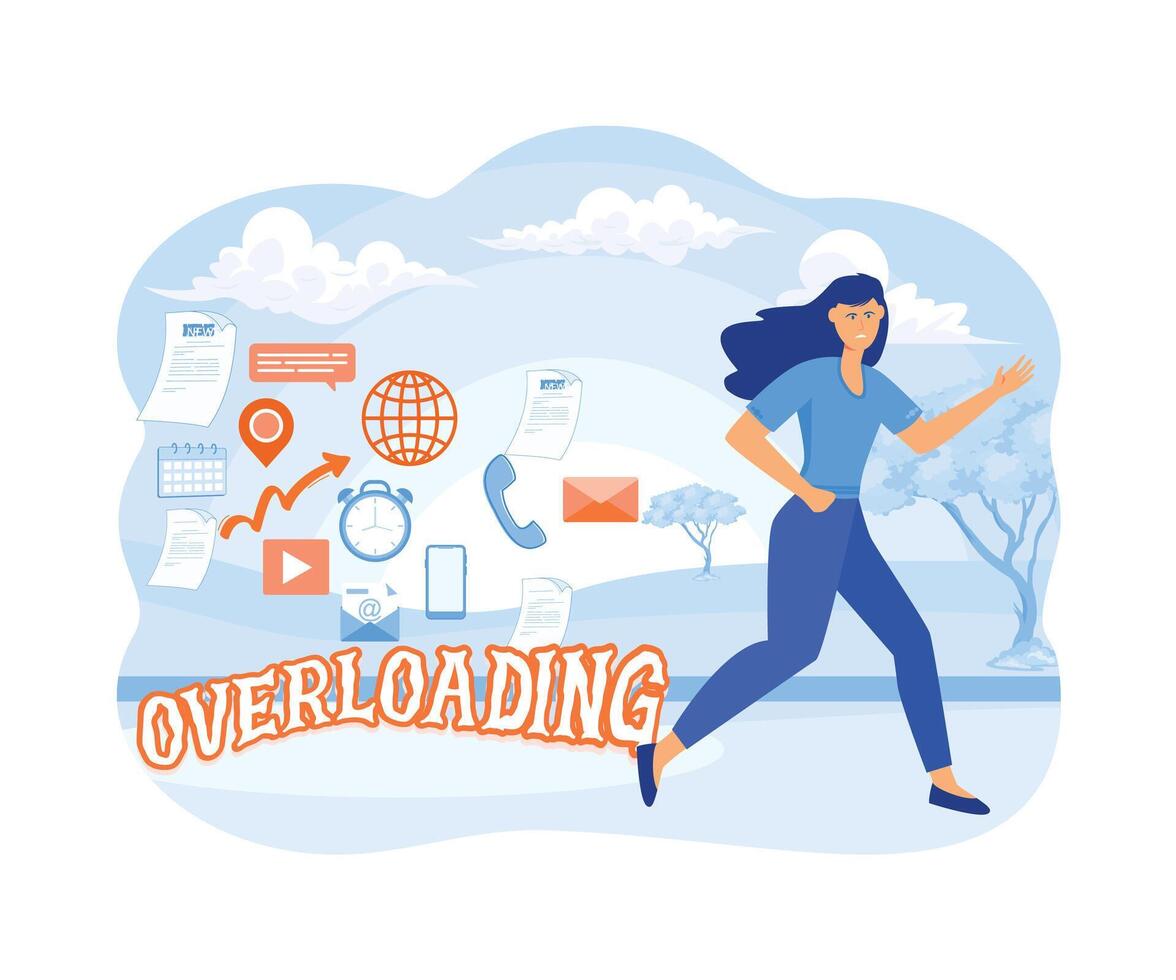 Information overload concept. Young woman running away from information stream.  flat vector modern illustration