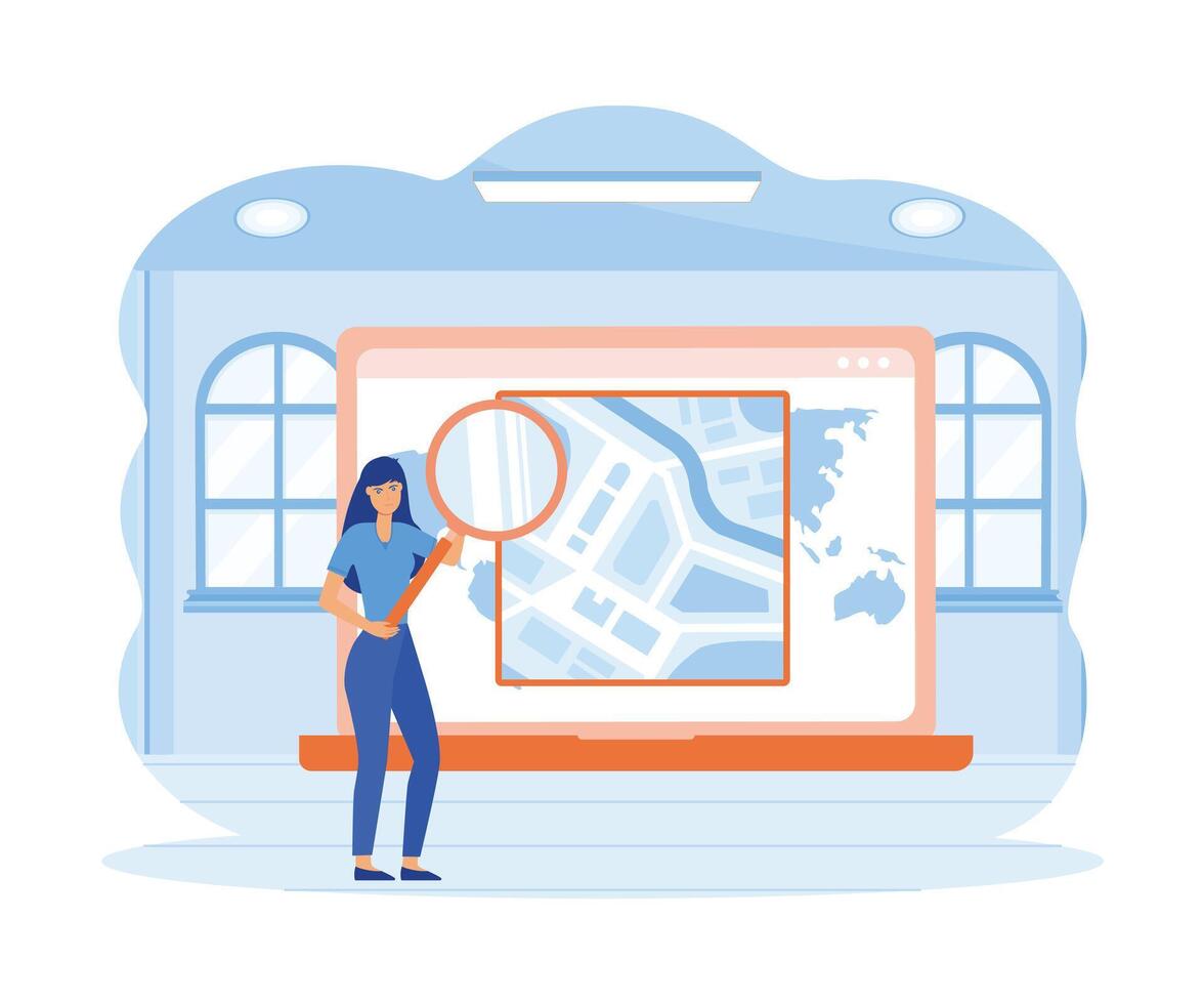 Set Geo location Concept. Tiny Female Character Searching Route and Viewing Online Map using magnifying glass on app screen. flat vector modern illustration