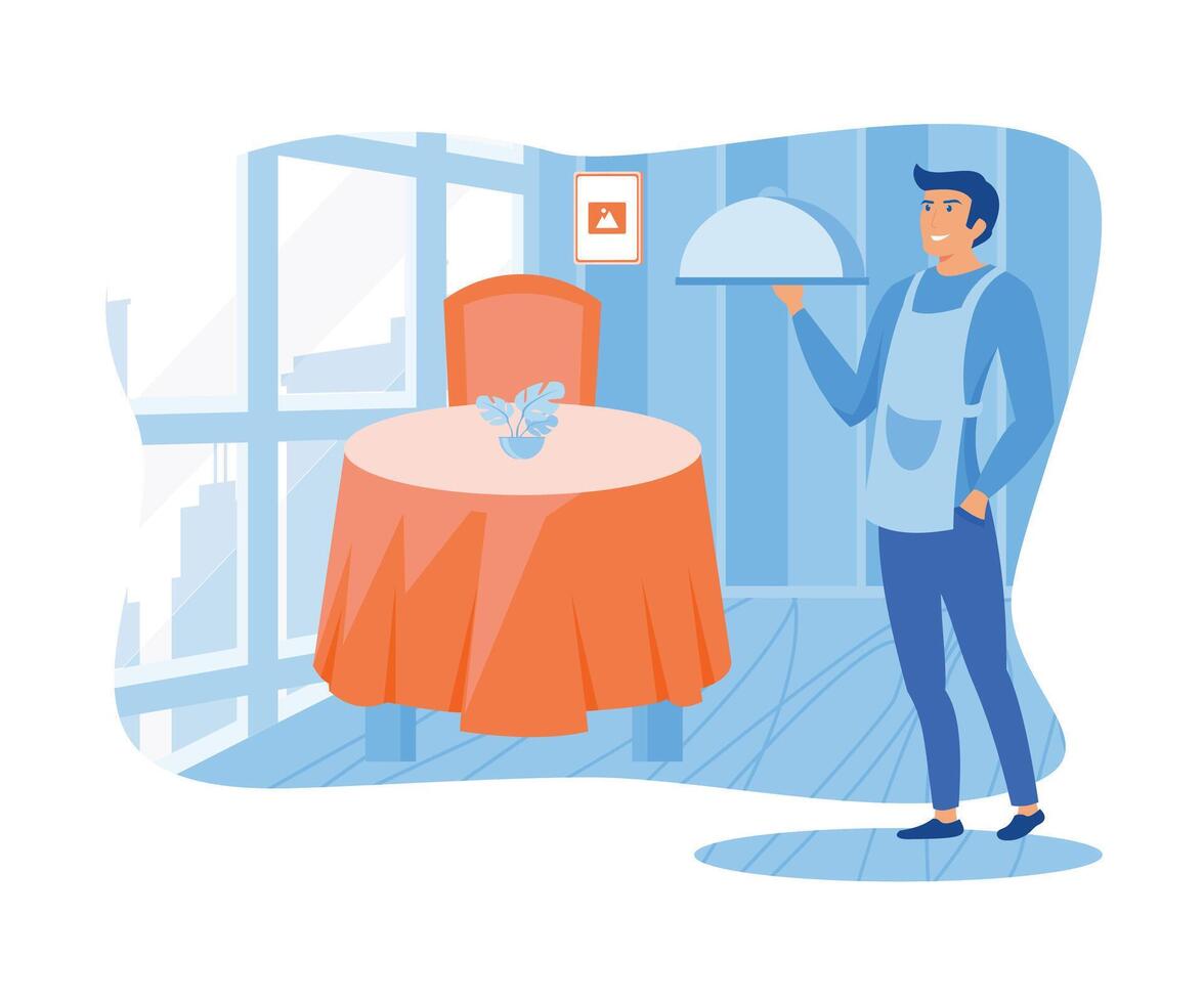Hotel jobs concept. Male hotel waiter brings a dish to serve a banquet to hotel guests. flat vector modern illustration
