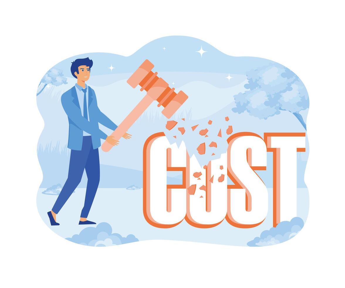 Cost reduction concept. Businessman hammering text cost symbol. vector
