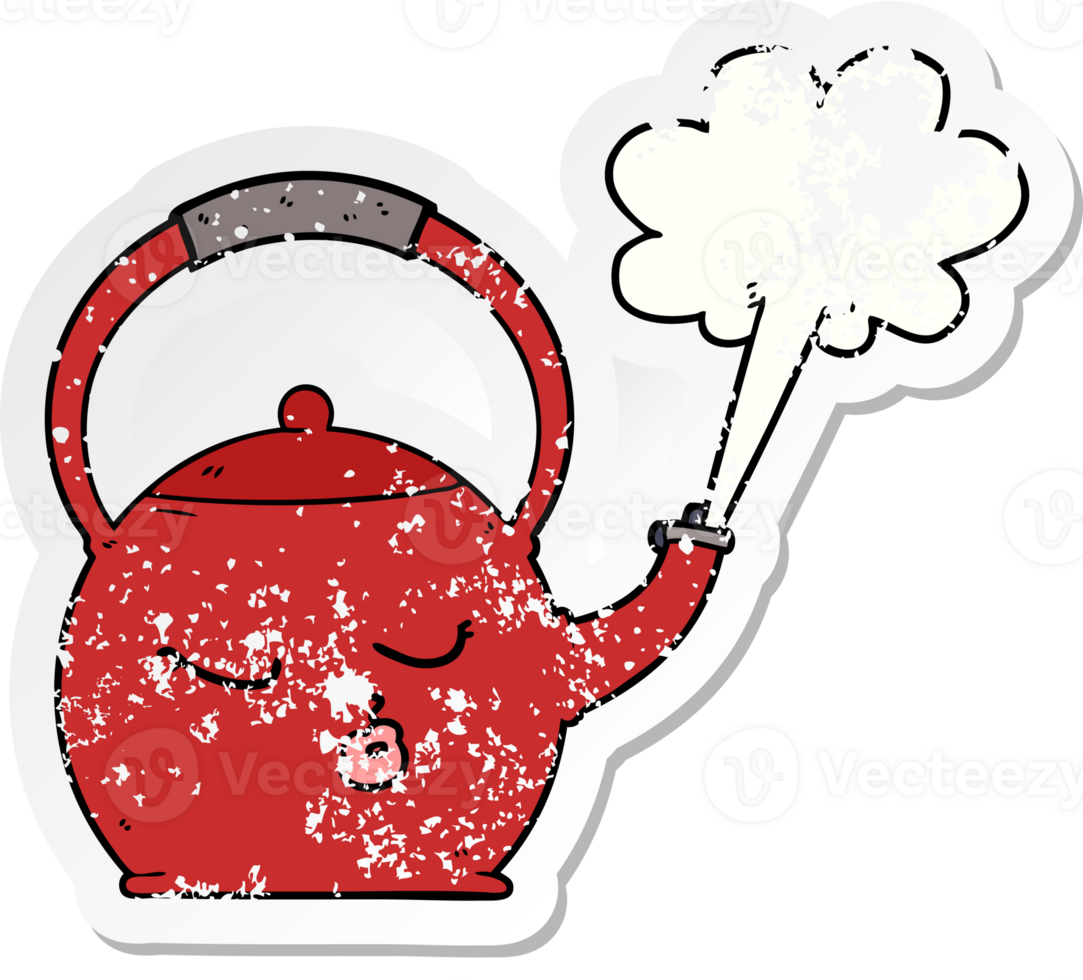 distressed sticker of a cartoon boiling kettle png