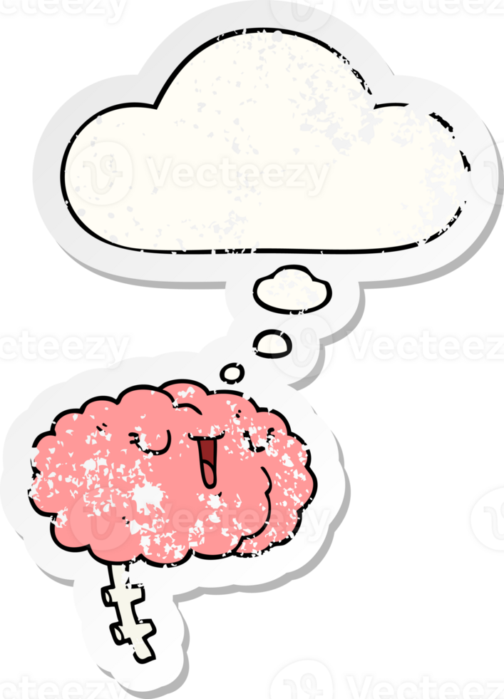 happy cartoon brain and thought bubble as a distressed worn sticker png