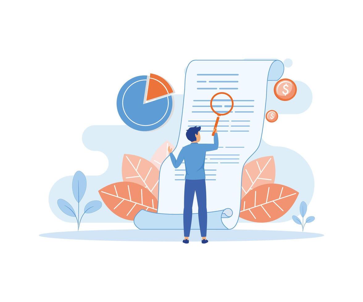 A man looks through a magnifying glass at a bill, check or invoice. flat vector modern illustration