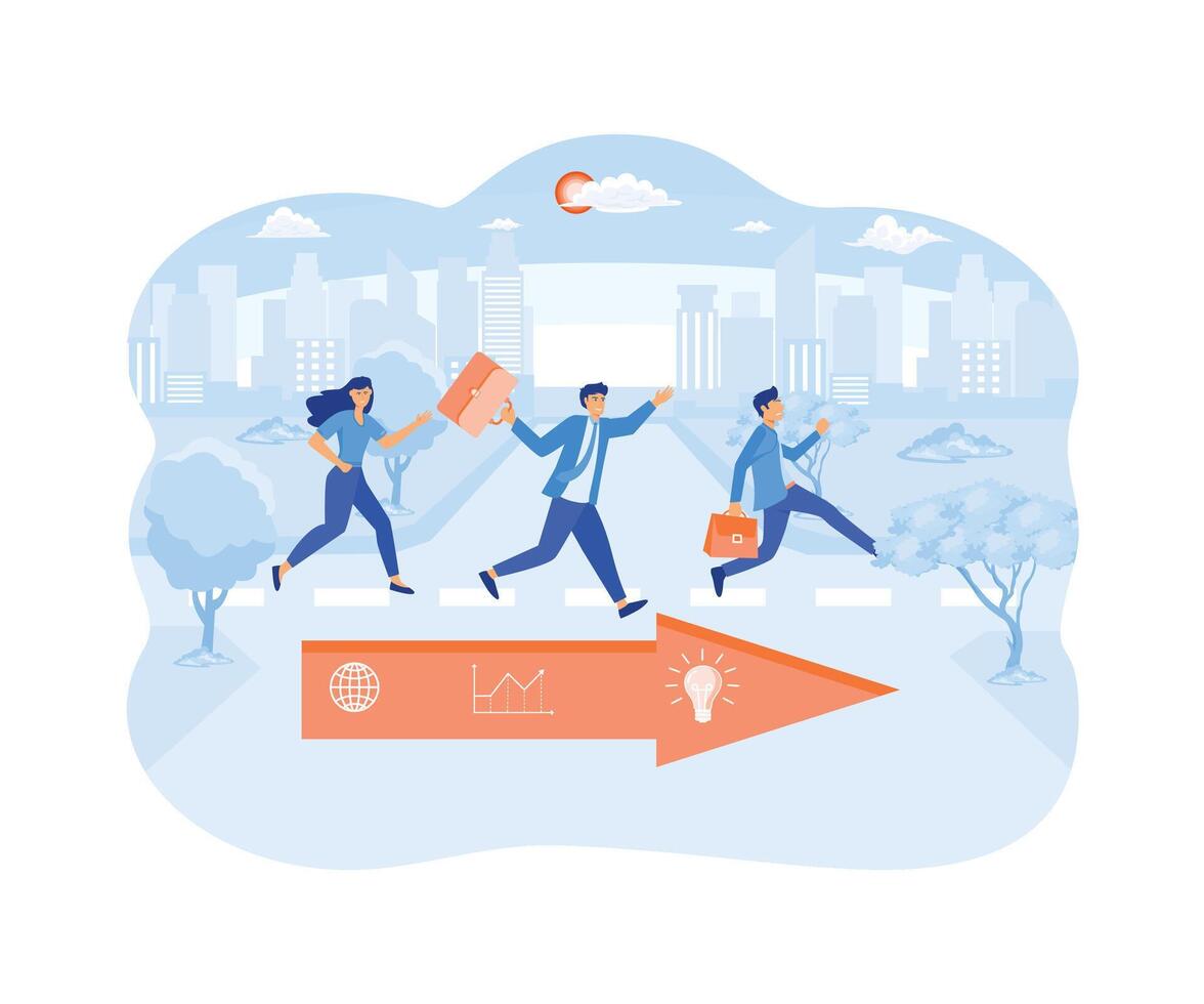 Business competition. Three business people racing with arrows. flat vector modern illustration