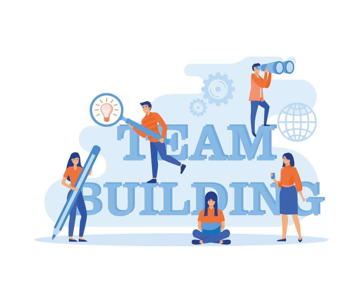 Team building concept. Group of people gather and work together to get good business results. Idea of communication and cooperation. flat vector modern illustration