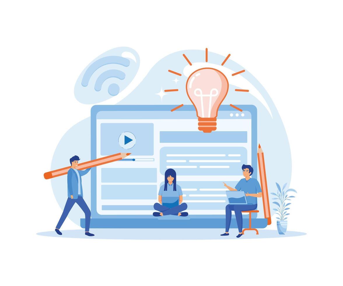 Blog writers write articles. Freelance writer with laptop creating internet content. flat vector modern illustration