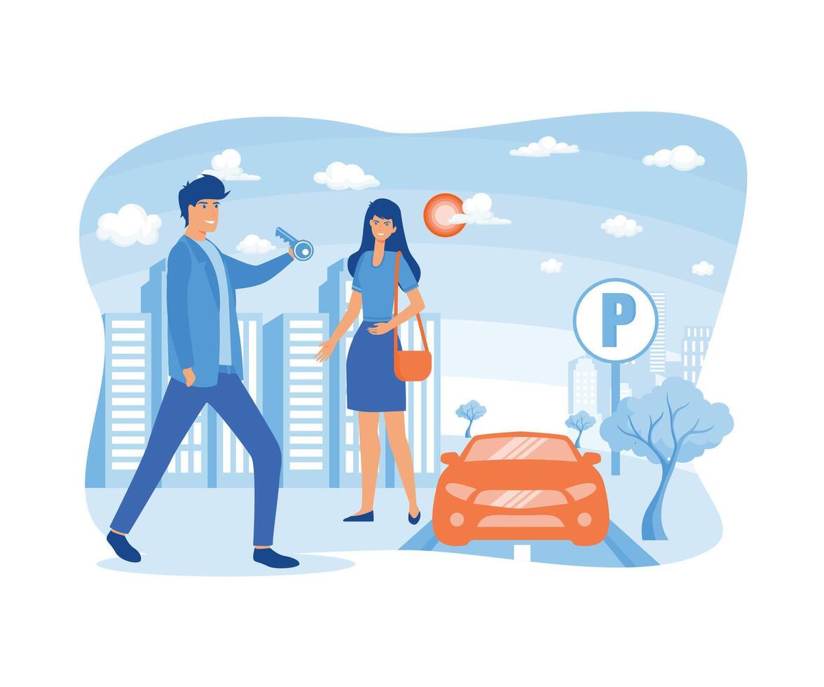 hotel ayudante de cámara estacionamiento trabajador obtiene llaves desde clientela coche. plano vector moderno ilustración