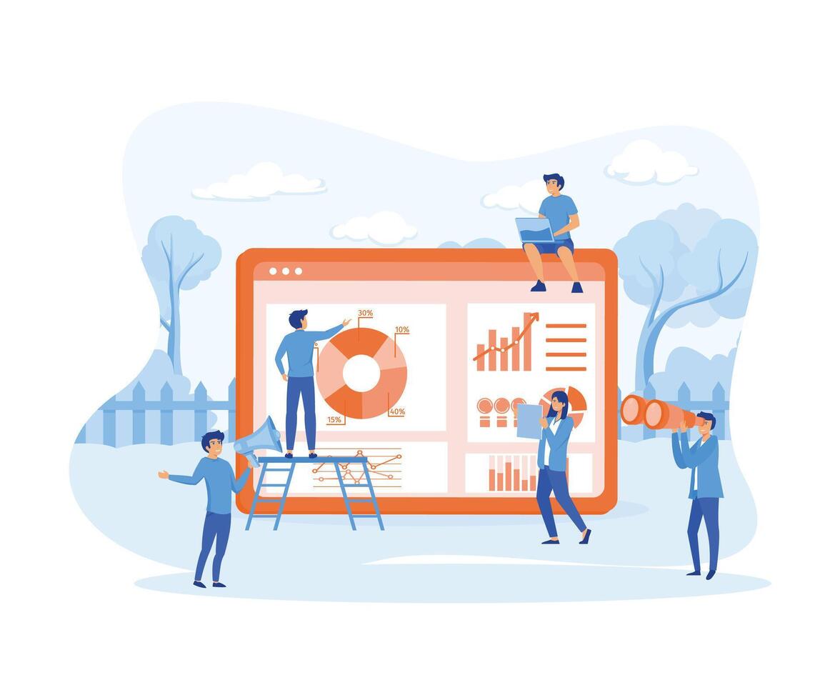 Office worker is studying infographics, evolution scale analysis. flat vector modern