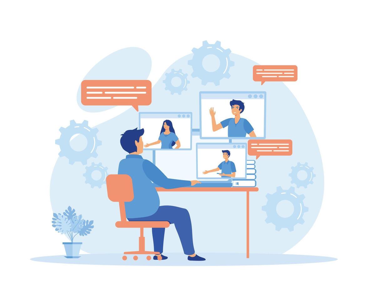 People working Remote at Home and using Laptop for Video Meeting with Colleagues and Friends.  flat vector modern illustration