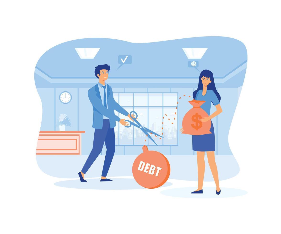 Businessman helps girl get out of debt. Man cuts chain with weights with big scissors. Guy helps debtors to solve financial problems. flat vector modern illustration