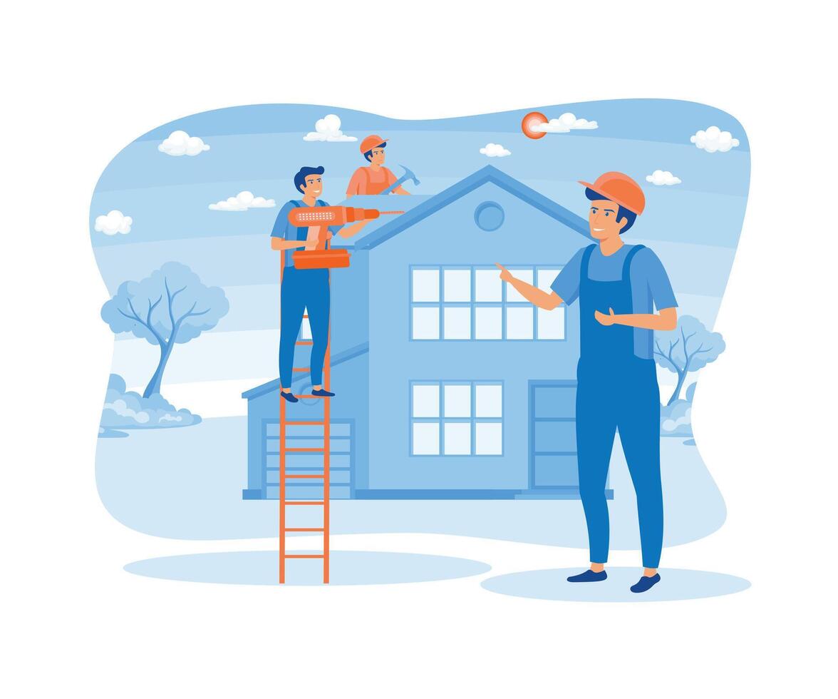 casa renovación. trabajadores reparando techo. construcción grupo, techadores, capataz. plano vector moderno ilustración