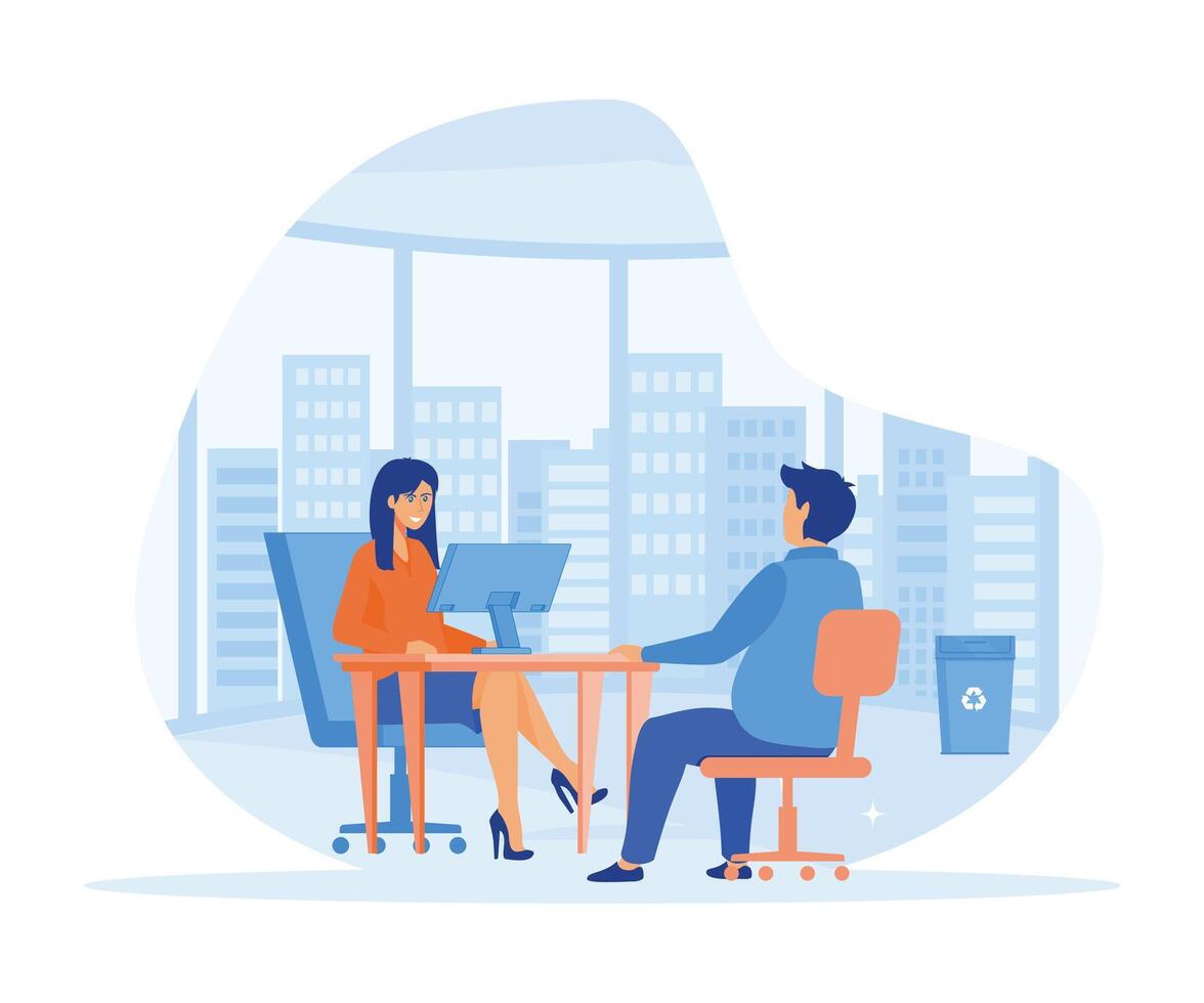 Woman during job interview and man  members of management. flat vector modern illustration