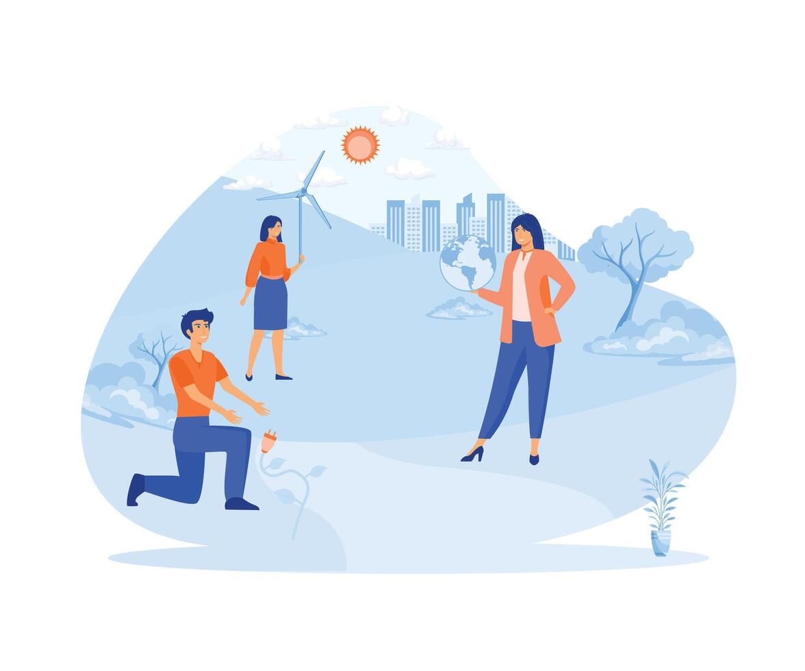 Ecology concept. People surrounded by natural ecological and Renewable energy symbols. flat vector modern illustration