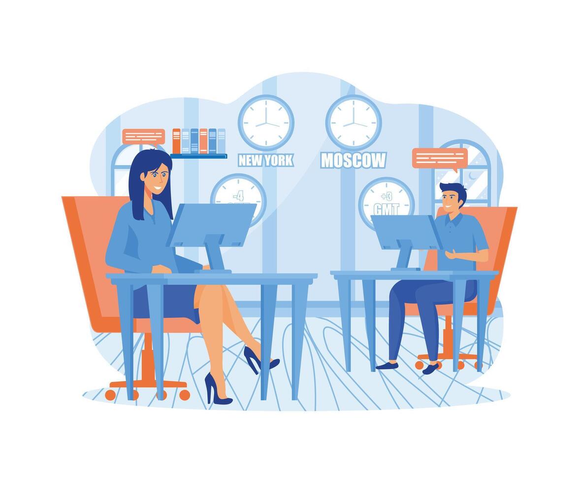 Time zones concept collage with man and woman working during night and daytime. flat vector modern illustration