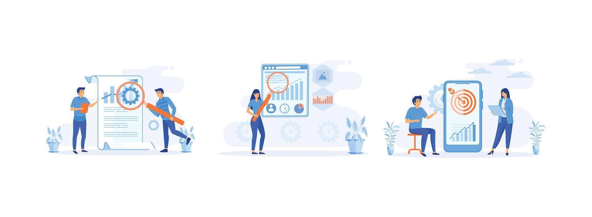 People analyzing market. Planning seo optimization. Discussing marketing and seo strategy. Business marketing set flat vector modern illustration