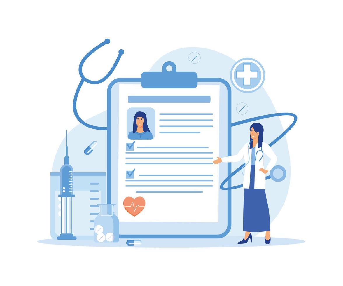 Abstract tablet with patient health status and history file. E-health system for data and information collection. flat vector modern illustration