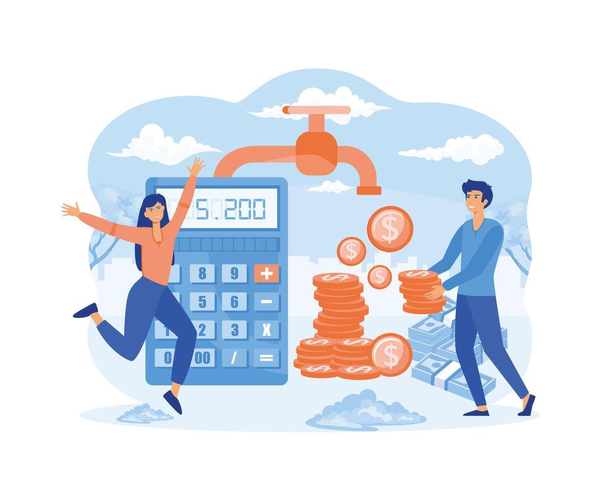 Cash Flow Showing cash coin flowing from a water tap, Suitable for landing page, ui, web, App intro card, editorial, flyer, and banner. flat vector modern illustration