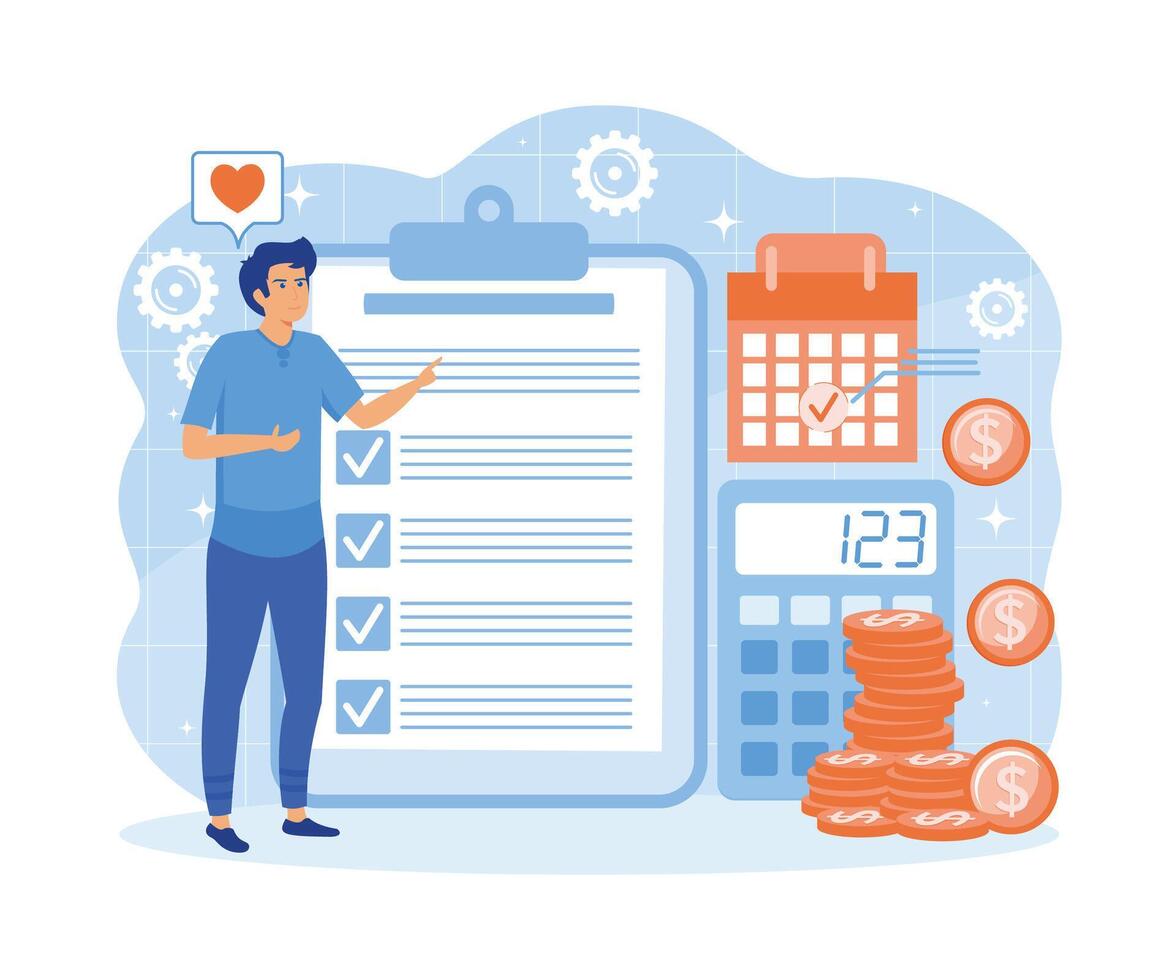 Budget planning. Financial analyst planning at check list on clipboard, calculator and calendar. flat vector modern illustration