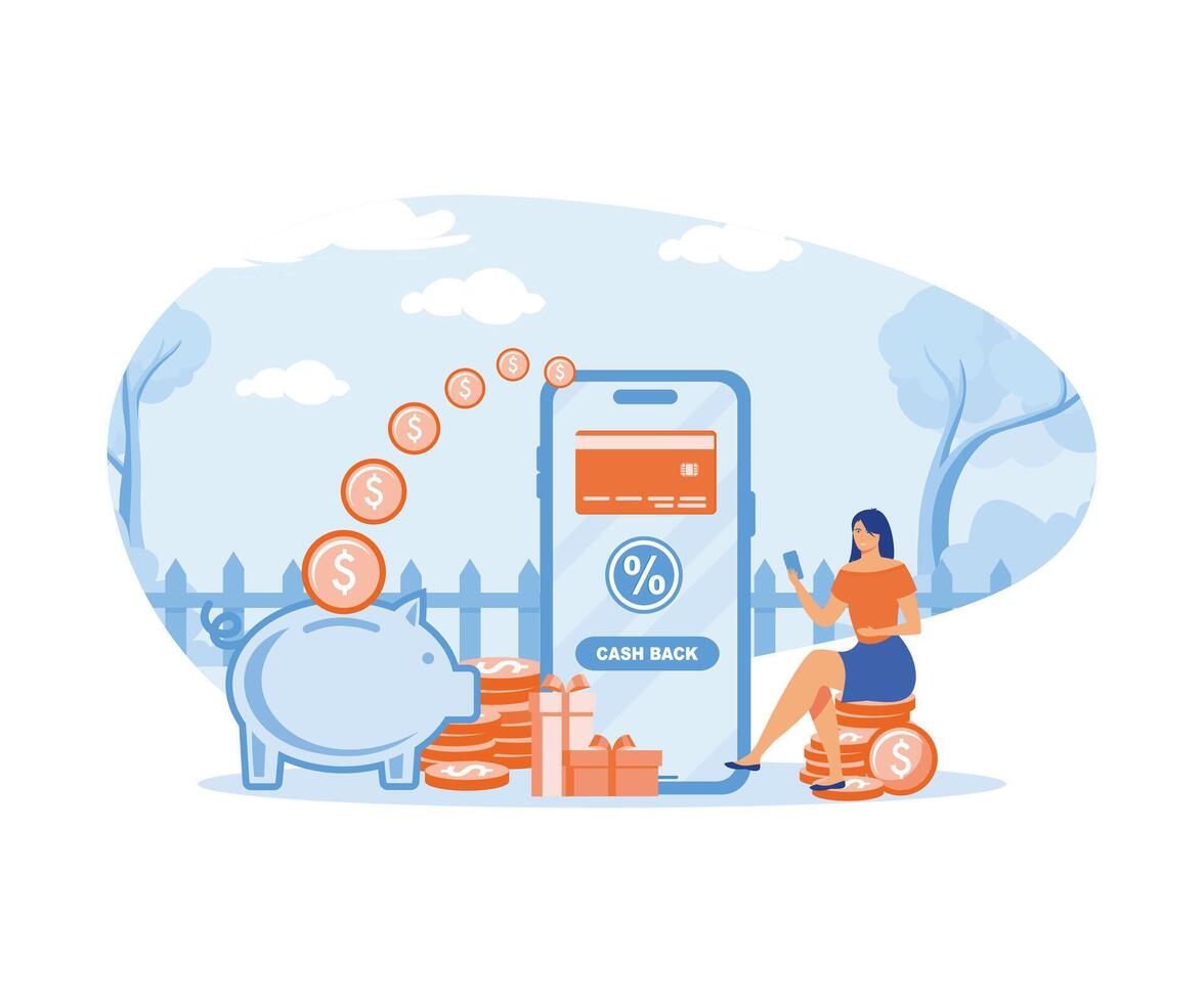 Cash back concept. woman with smart phone, money goes in a piggy bank. flat vector modern illustration