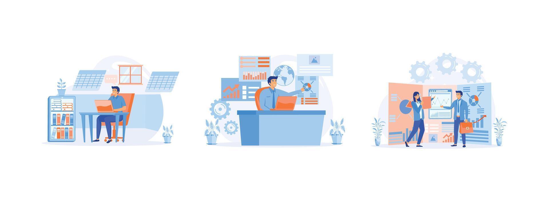 Man working with big data and databases, office workers are studying the infographic, using laptop and excel tables. Data analyst set flat vector modern illustration