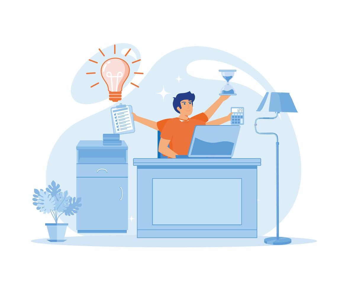 Time Management Planning and Scheduling Concept. Men in Workplace with Multitasking Work. flat vector modern illustration