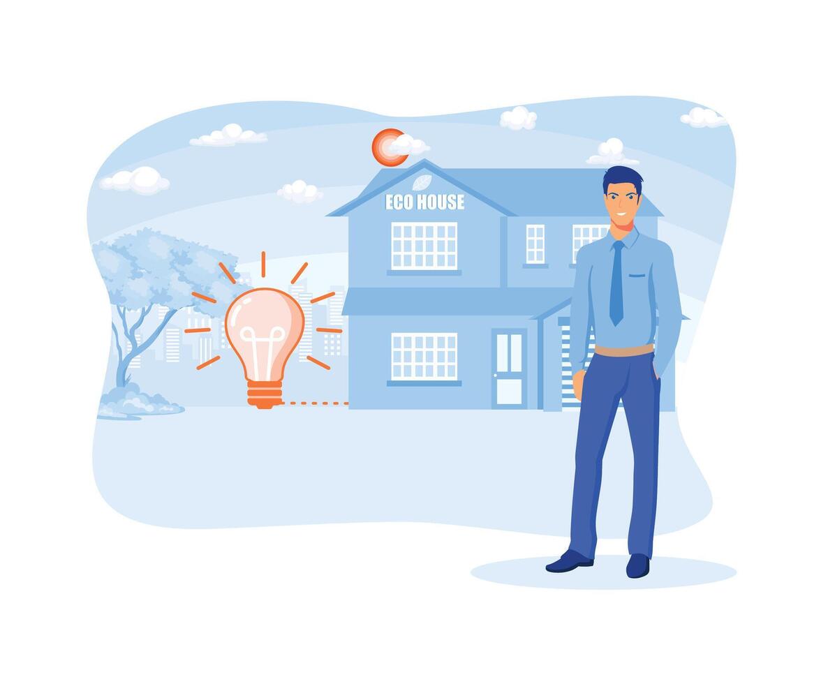 Man standing near private eco house. Renewable energy and saving electricity concept. flat vector modern illustration