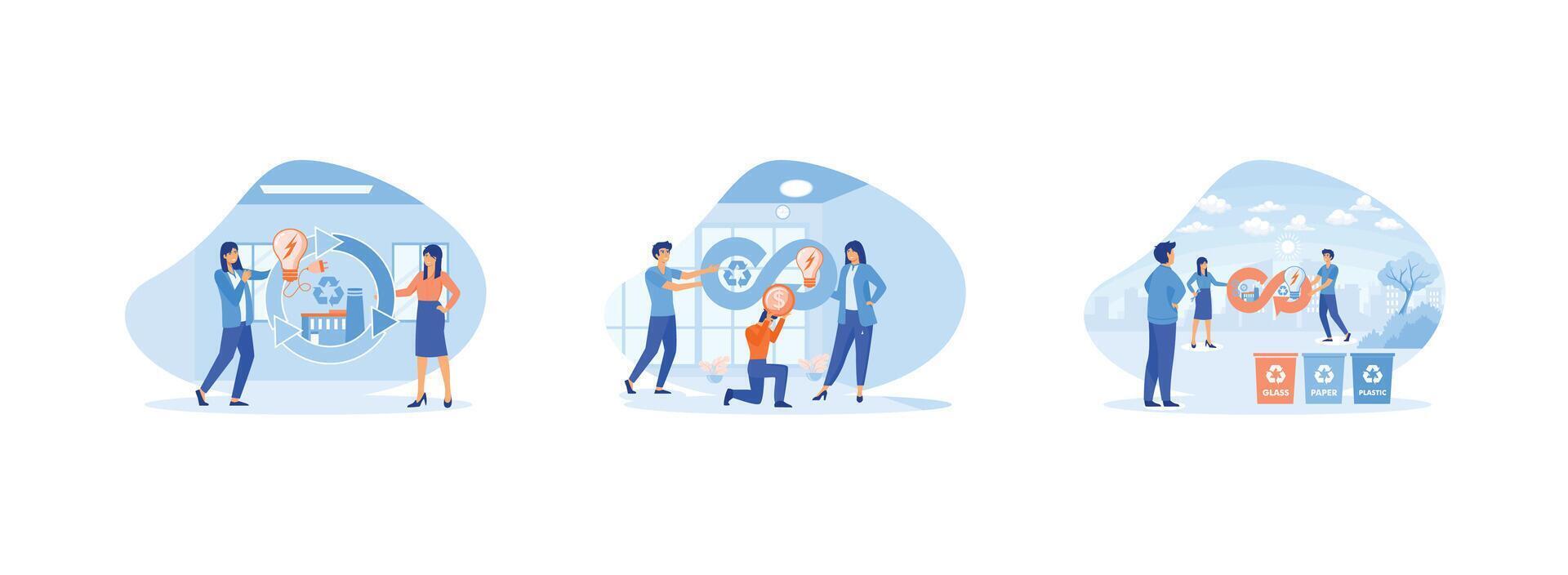 Circular economy. People recycle consumption waste and efficient energy management. Eco friendly energy production. Circular economy 2 set flat vector modern illustration