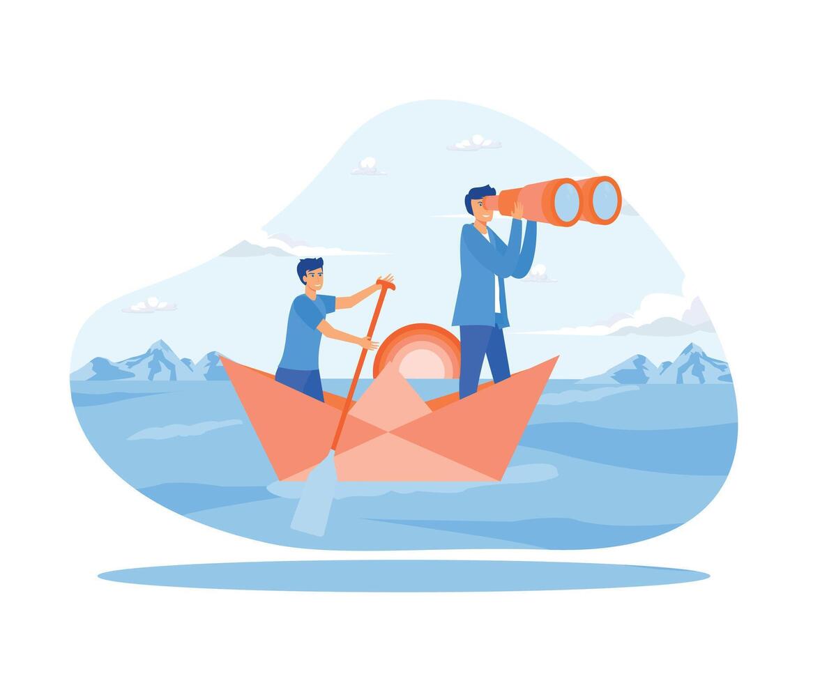 Businessman leader with binoculars lead business team sailing origami ship. flat vector modern illustration