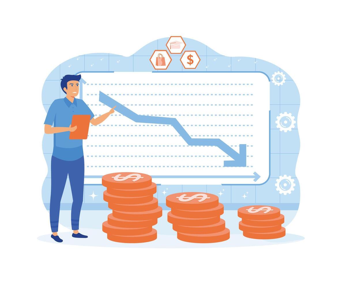 financiero crisis concepto. un hombre va arruinado y pierde dinero, ahorros. plano vector moderno ilustración