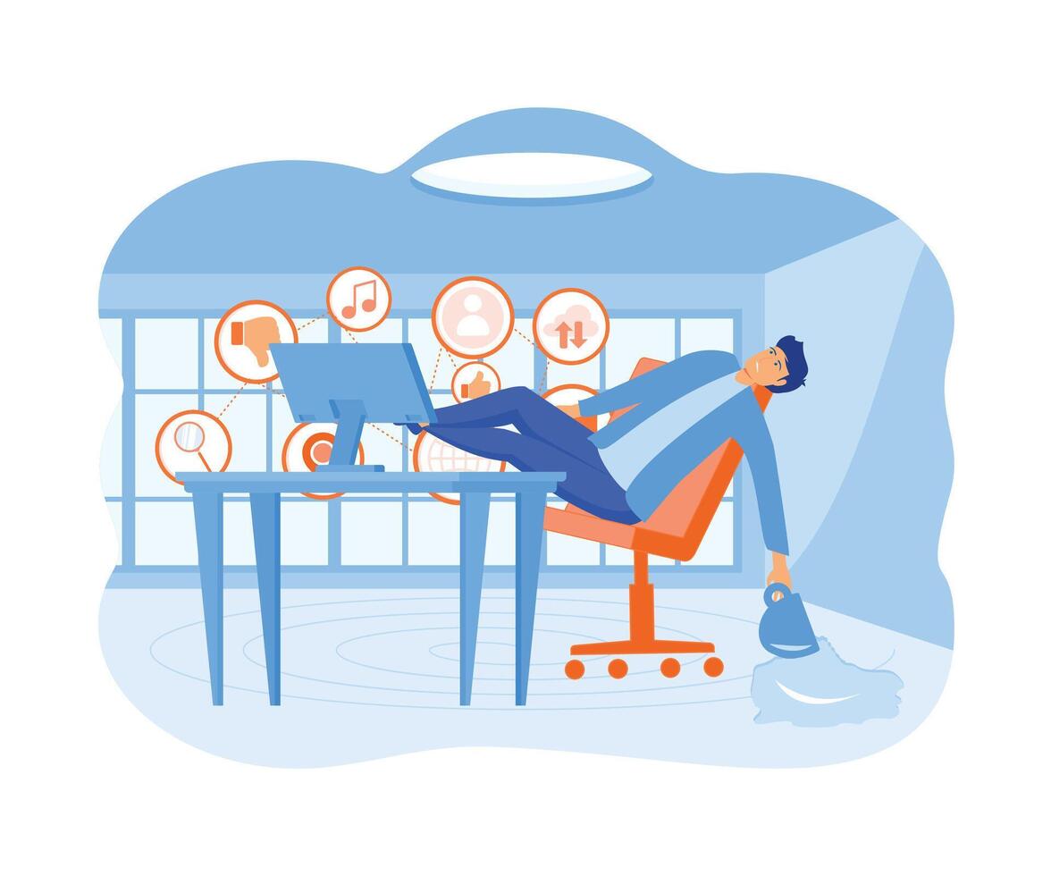 Information overload concept. Young man falls from a chair under the pressure of information from a laptop.  flat vector modern illustration