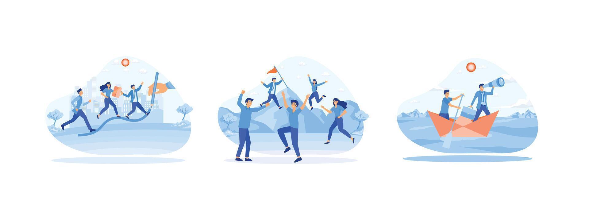 Business people walking on rising graph line, Leadership and teamwork, Team leader shows the way, Businessman looking through a telescope by two business. vector